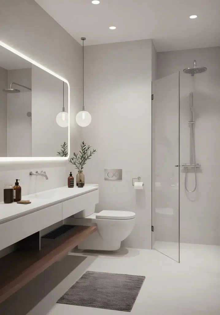 Bright minimalist Bathroom Remodeling Seattle with backlit LED mirror, glass shower enclosure, and floating vanity.